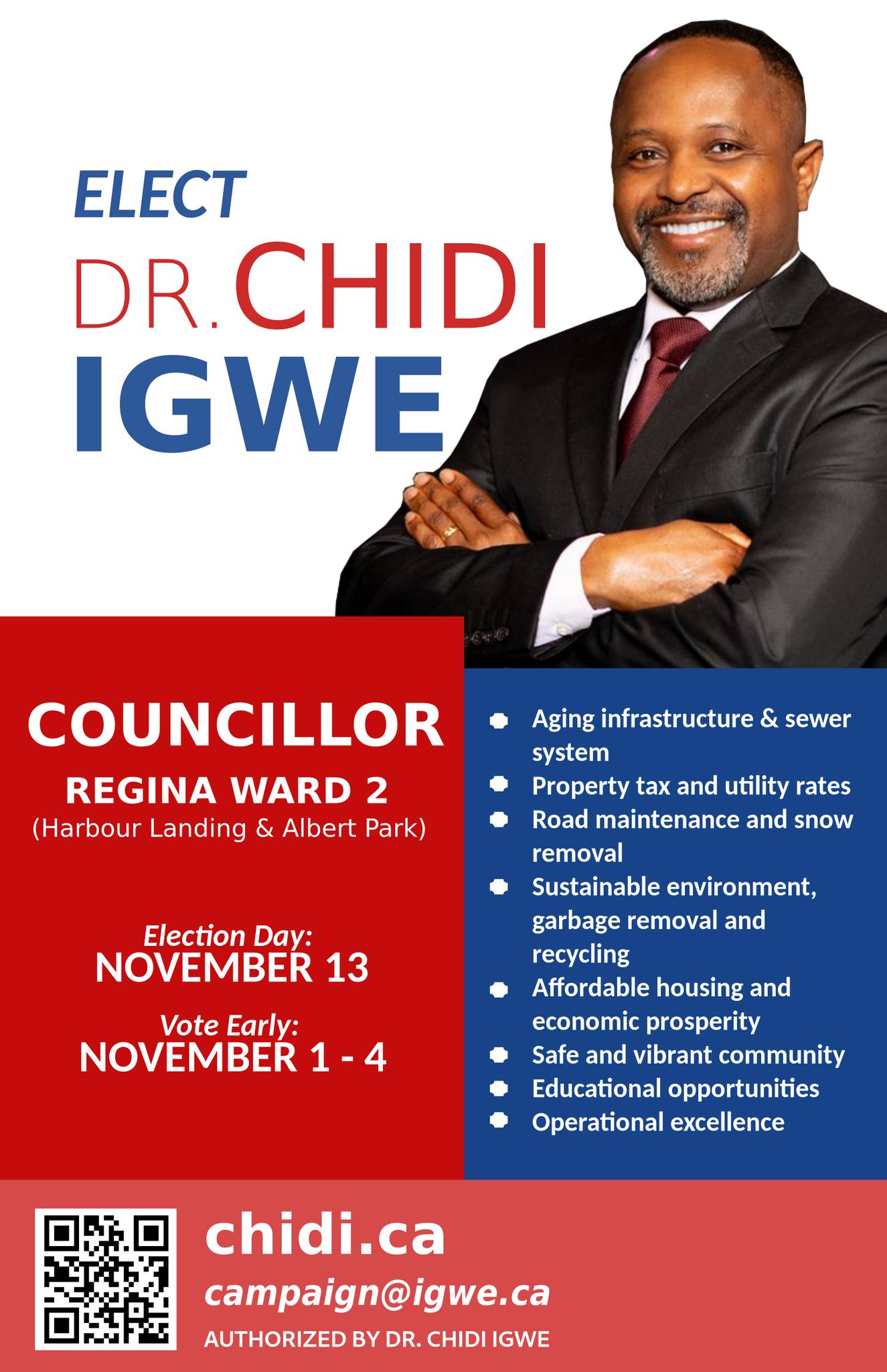 Elect Dr. Chidi Igwe, an educator, public and community servant, for Regina Ward 2